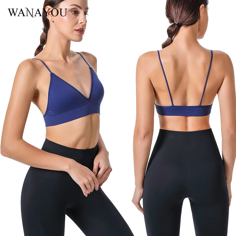 

WANAYOU Women Sports Bras Sexy Deep V Triangle Cup Yoga Bra, Thin Straps Gym Fitness Women Tops with Pads Women Bra No Wire