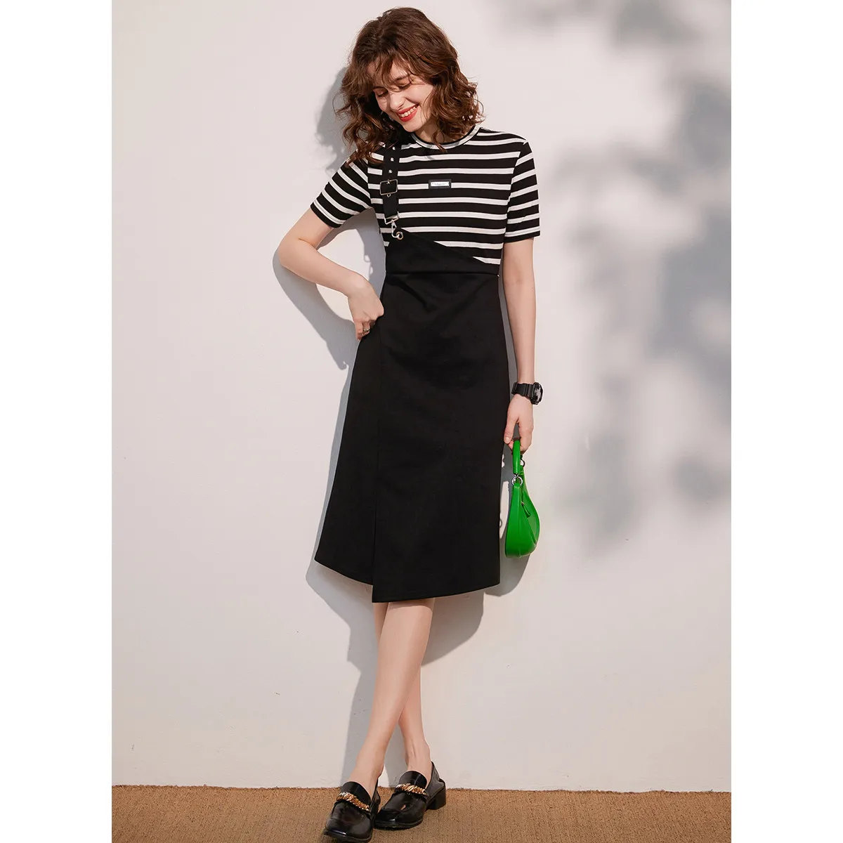 LOUIS YAO Women Fake Two Pieces Dress Unilateral Shoulder Strap O Neck Short Sleeve Striped Dress 2024 Summer Slim Fit Dress