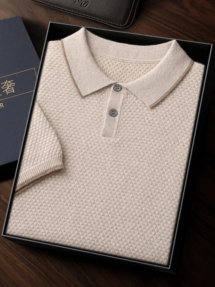 

Spring Autumn Men's Sweater Short Sleeve Pullover Knit 100% Cashmere Sweater Polo Collar T-shirt Clothes Soft Smart Casual Tops