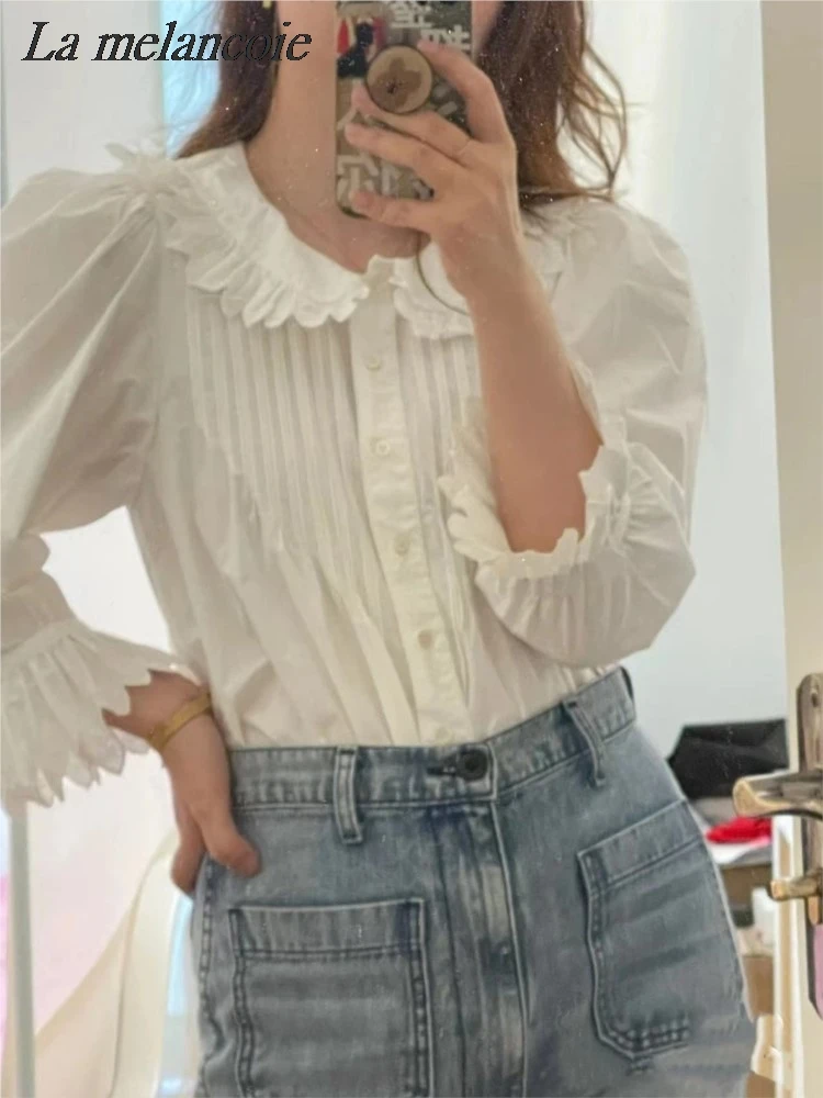 Ruffles Shirt Women Summer 2024 New French Embroidery Doll Collar Shirts Seven Points Bubble Sleeve Elegant Chic Blouse Tops