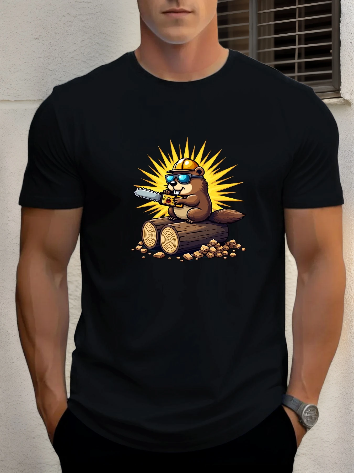 

2025 Summer Men's Cotton T Shirt Beaver Saw Wood Trendy Print Round Neck T-Shirt Casual Breathable Street Style Daily Top