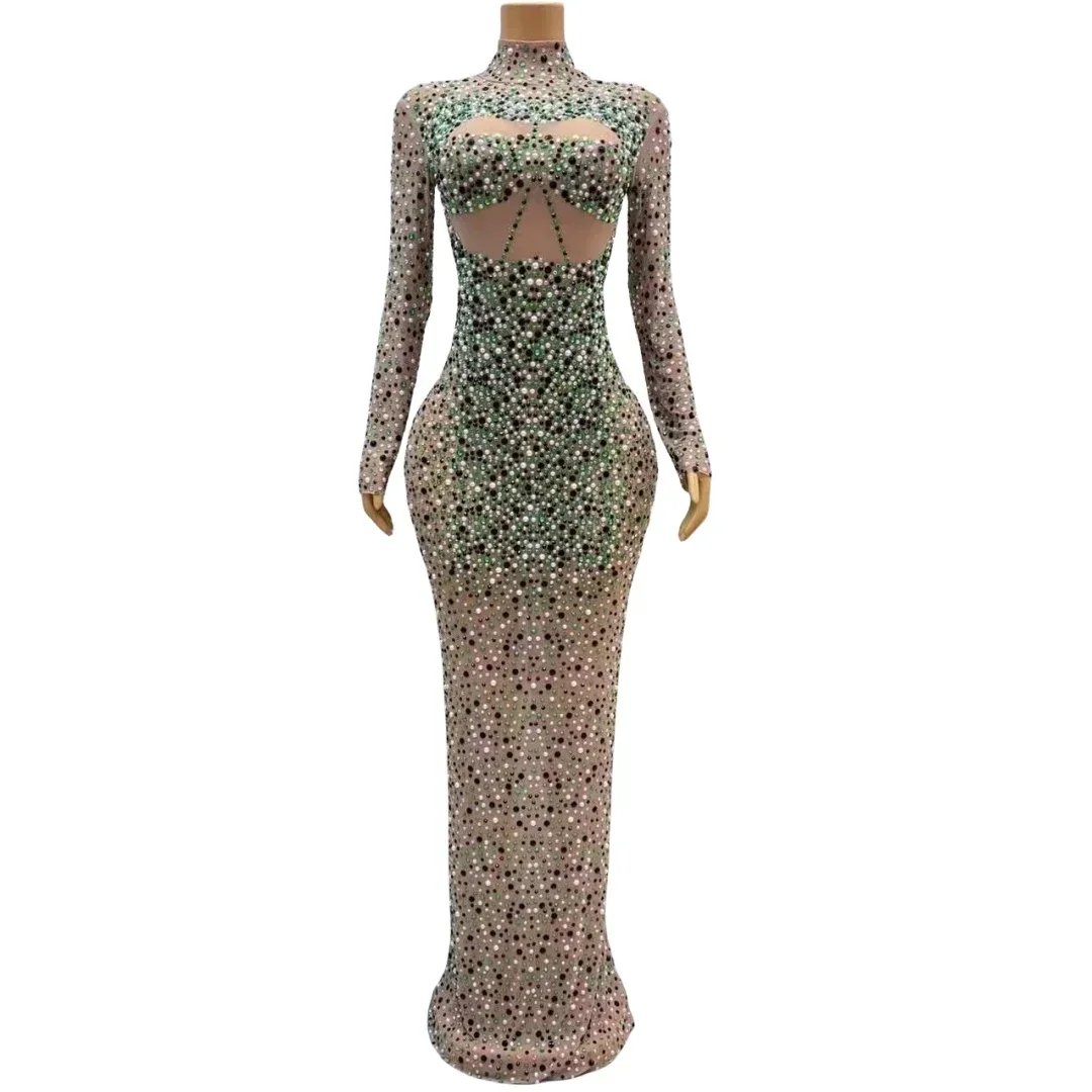 

Shining Full Rhinestone Pearl Long Dress Women Party Birthday Queen Elegant Singer Carnival Rave Festival Drag Queen Dresses