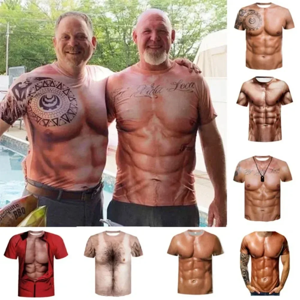 Men 3D Simulation Muscle Tattoo Print Short Sleeve T Shirt Crew Neck Slim Fit Tops Party Cosplay Costume Tees