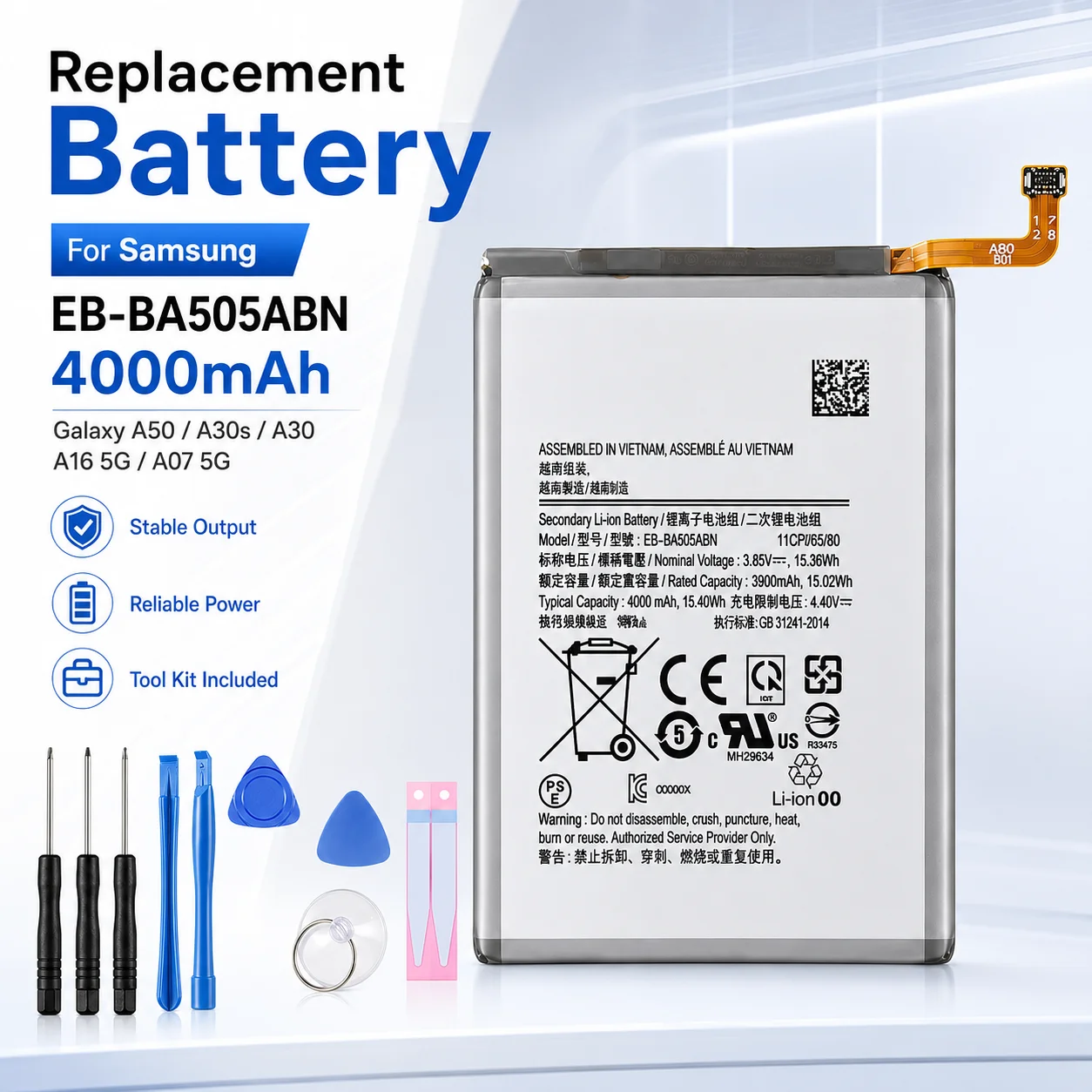 

3.85V 4000mAh EB-BA505ABU Battery for Samsung Galaxy A50 A505F A30S A307F Rechargeable Li-ion