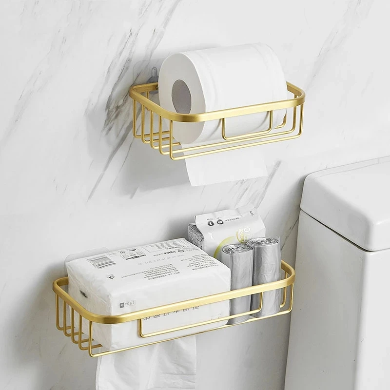 

Brushed Gold/Black Bathroom Roll Holder Aluminum Wall Mounted Shampoo Rack Toilet Paper Holder Bathroom Storage Basket Shelf