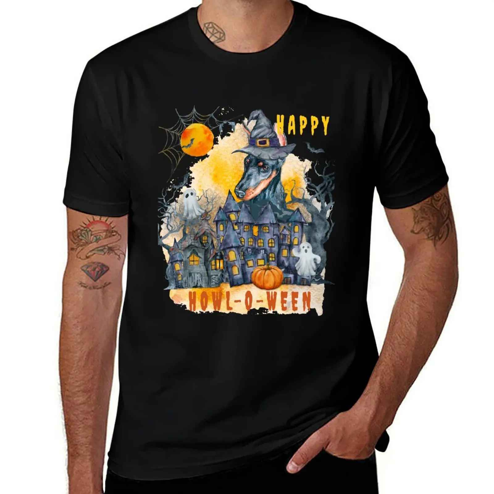 

Doberman Happy Howl-o-ween Ghost Houses Funny Watercolor T-Shirt anime tshirt T-Shirt