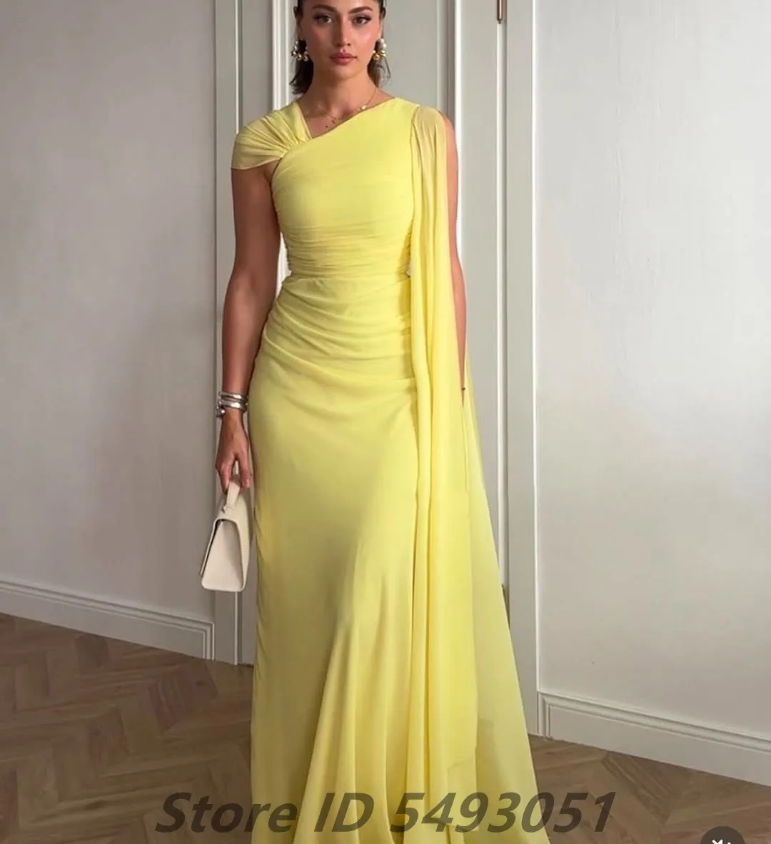 Sevintage Yellow Chiffon One Shoulder Cape Sleeve Evening Dress Prom Gown Floor Length 2024 Customized Robe de soiree