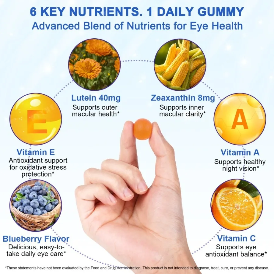 Lutein Zeaxanthin Gummies 40mg Blue Light Visual Acuity Eye Comfort Eye Wellness Blueberry Flavor Vegan Non GMO 60 Gummies