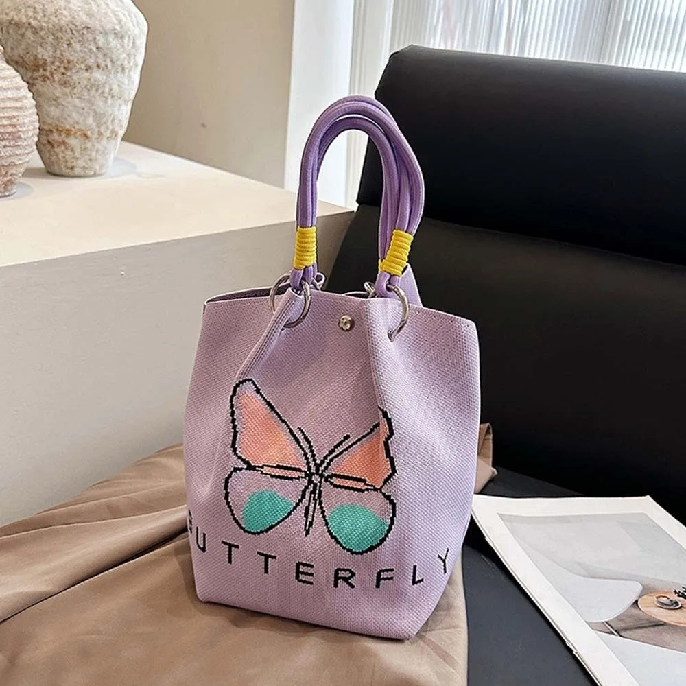 

Sweet Women Knitted Handbag Stripe Large Capacity Printed Small Bag Multicolor Magnetic Button Floral Commuting Pouch Girls