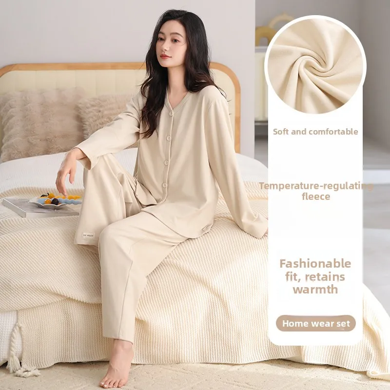 

Women's Long Sleeve Sleepwear Double Sided Flocking Warmth V Neck Button down Home Clothes Thin Fleece Set Casual Autumn Winter