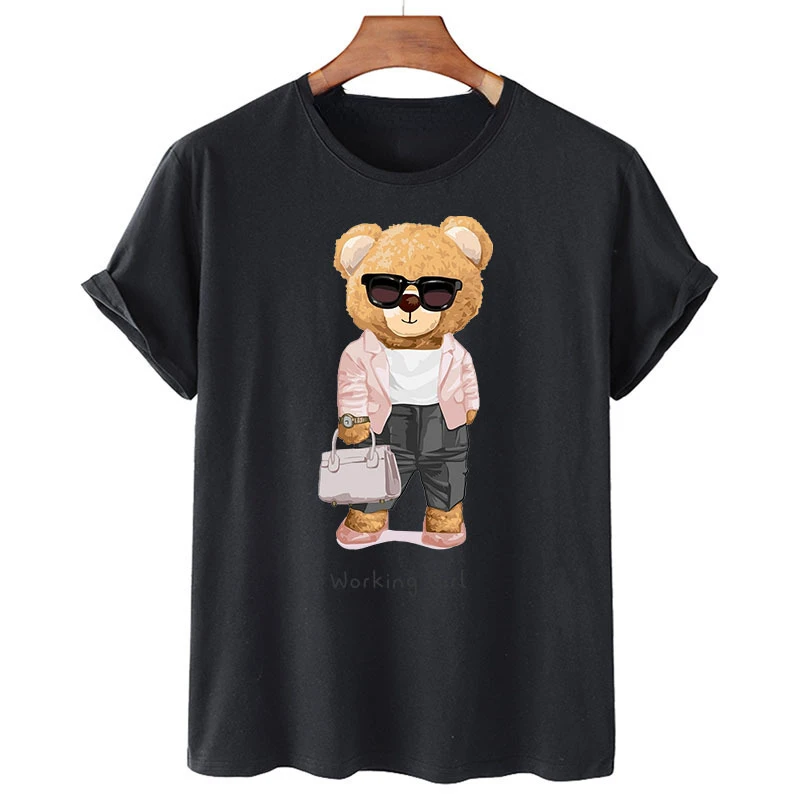 Cute Teddy Bear Print Shirt Short Sleeve O Neck Loose Tshirt Women Summer T shirt Men and Women Streetwear Cartoon Fashion Tee