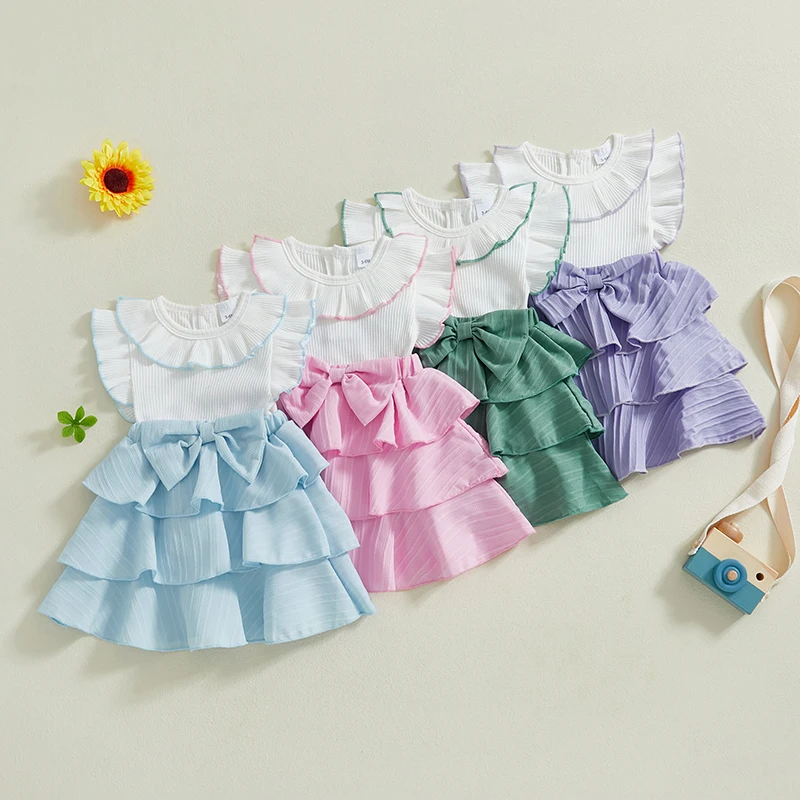 1-4Y Baby Girl Summer Sweety Princess Dress Casual Short Sleeve Doll Collar Bow Front Dress Toddler Kids Patchwork Cake Dress