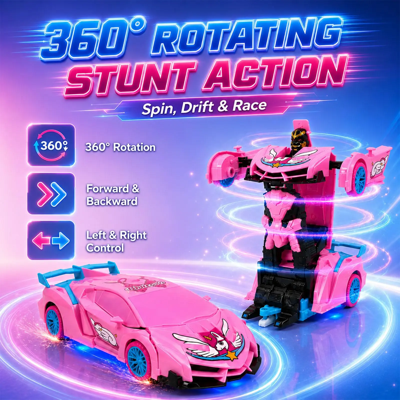 Unicorn RC Car Toy for Girls 2.4GHz Remote Control Stunt Robot Car LED Light 360° Rotation Transforming Racing Gift Toy Kids 4-8