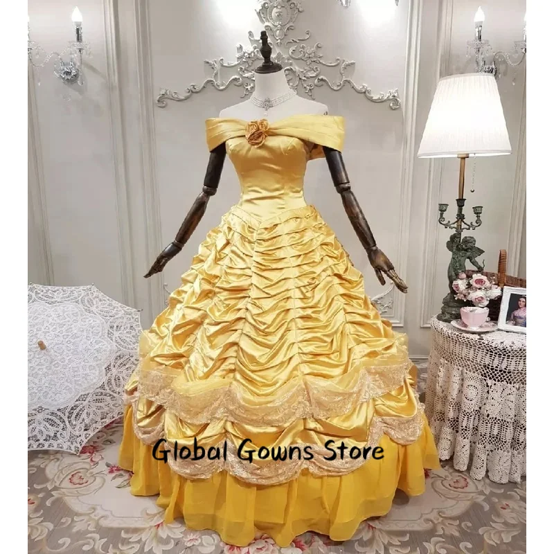 

Костюм Белль, золотое викторианское платье для выпускного вечера, плиссированное средневековое вечернее платье в стиле барокко, корсет, кружево, официальный костюм для косплея, вечерние по индивидуальному заказу