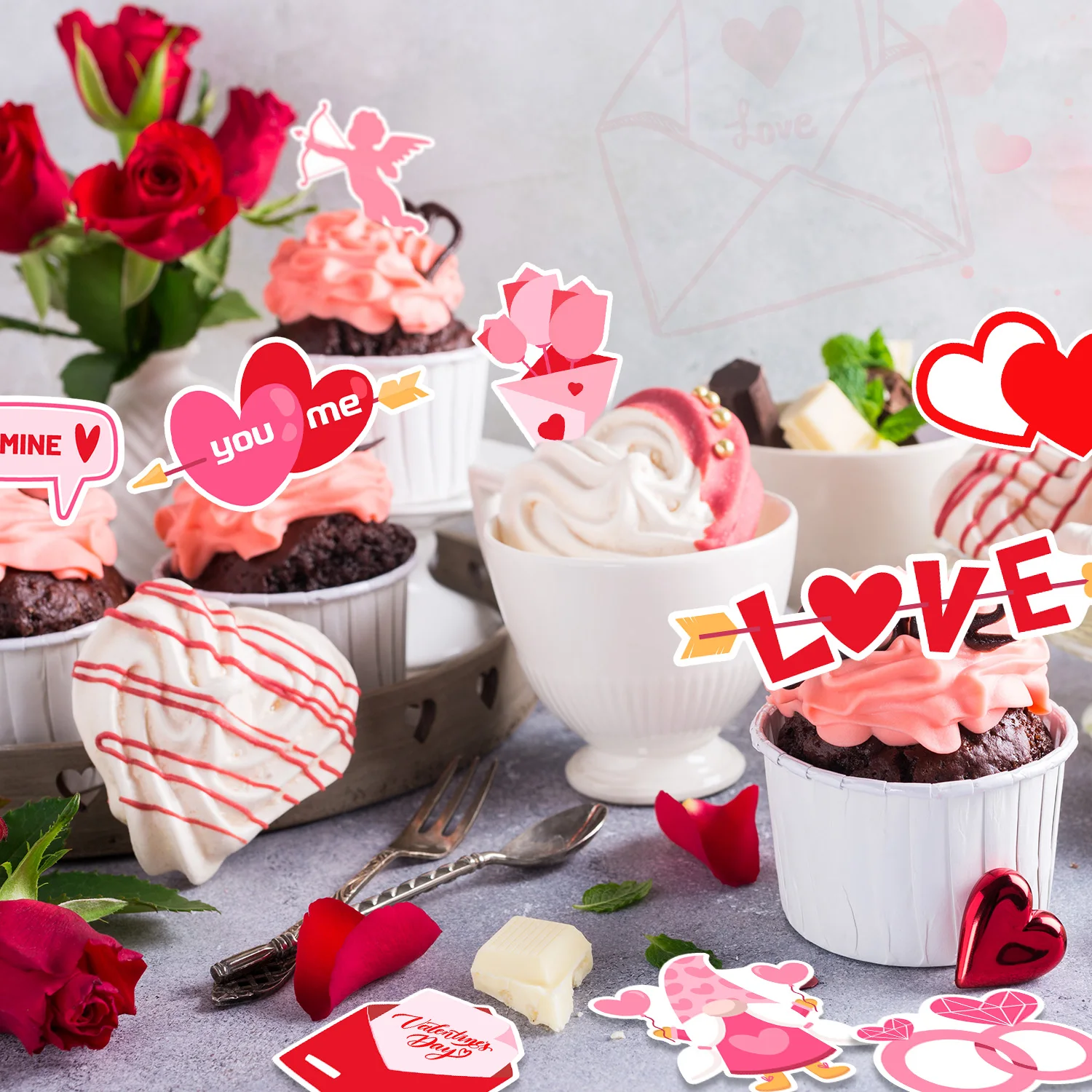 Valentine Day Cake Topper,20 Pcs Happy Valentine's Day Cupcake Toppers/Valentine Cupcake Toppers&1 Pcs Cake Toppers