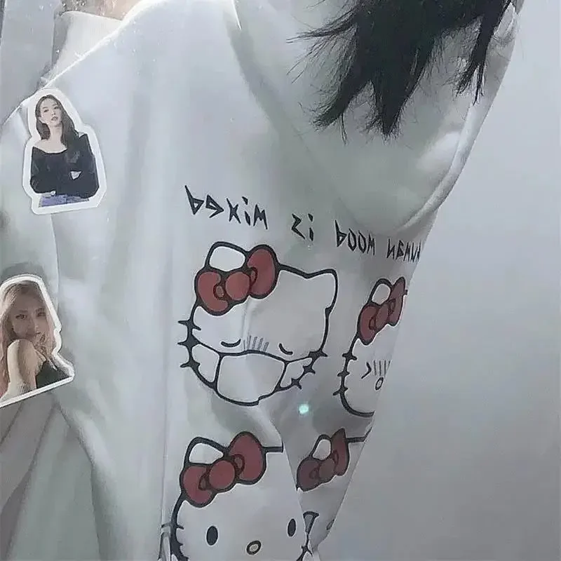 Japanese Kawaii Clothes Hello Kitty Printed White Hoodies Spring Autumn Student Cartoon Print Loose Hoodie Sweatshirt Girl Tops