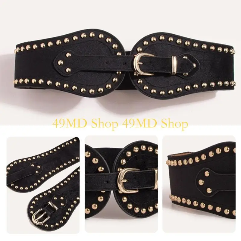 49MD Wide Waist Chain Studded Buckle Punk Chain Cowgirl Belt for Women Proms Club Party for Jeans Dresses