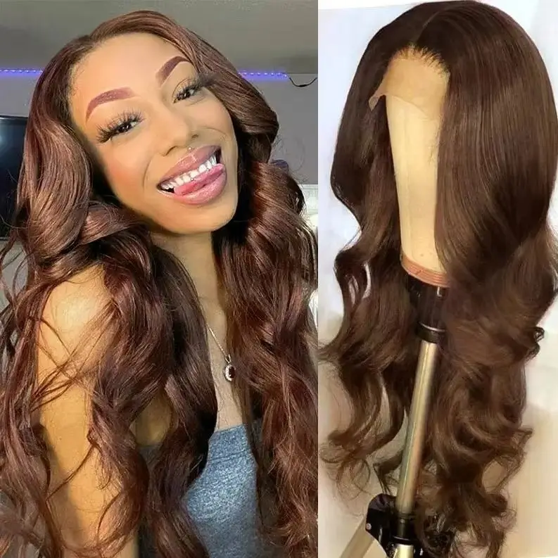 

13x4 HD Long Mixed Brown Wig Body Wave Chestnut Brown Glueless Synthetic Lace Frontal Wig PrePlucked Cosplay For Fashion Women