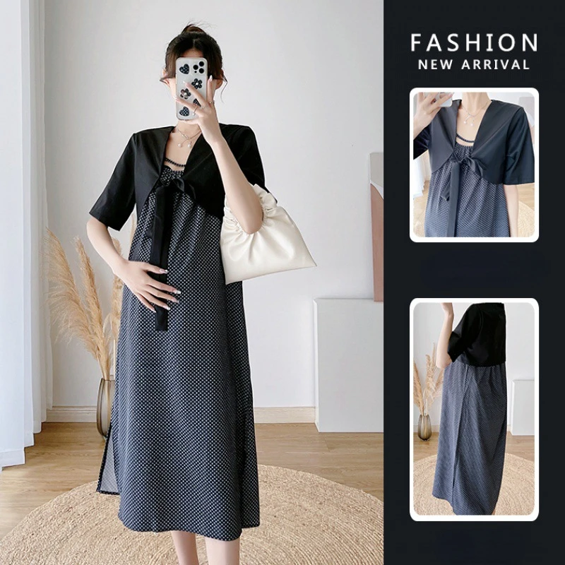 

Maternity Wear Two-piece Summer Suspender Dress Fashionable Breathable Temperament Formal Straight All-match Pregnancy Dresses