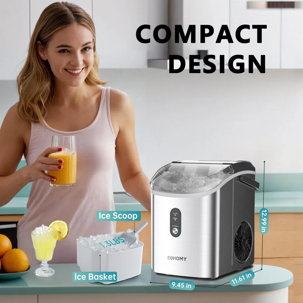 Portable Nugget Ice Maker Countertop, Ready in 6 Mins, 34lbs Per Day, Removable Top Cover, Auto-Cleaning, with Basket and Scoop