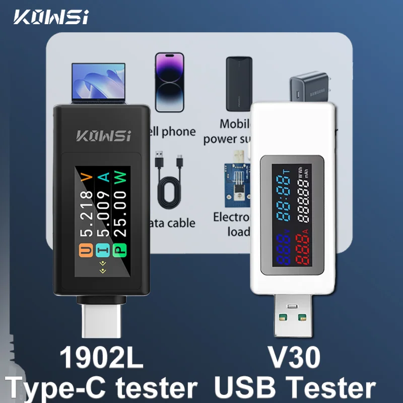 

KWS-1902L Multi-function 4-30V Maximum 12A Type-C Tester with V30 120W USB Tester Power Off Storage Voltage Ammeter Power Meter