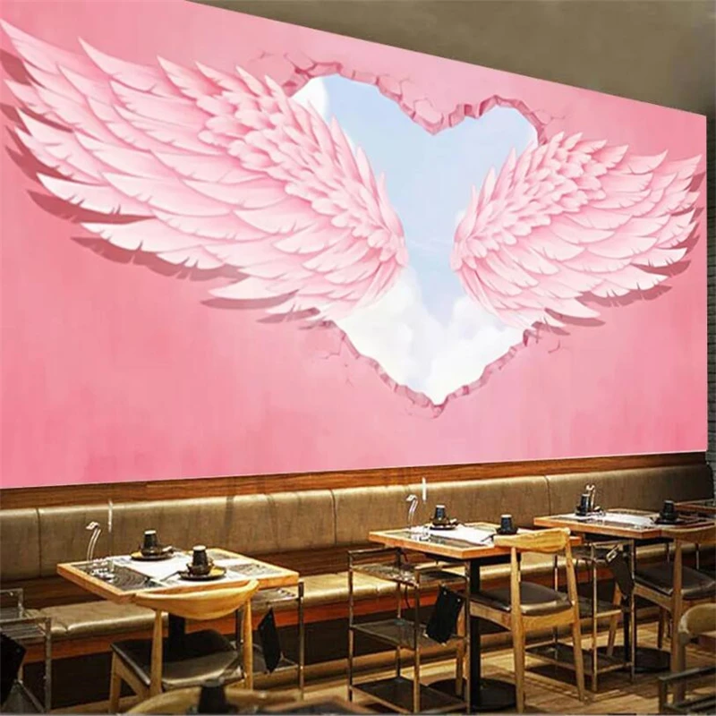 Customized products mural Retro 8D pink love angel wings green wallpaper Living room sofa TV background wall bedroom restaurant