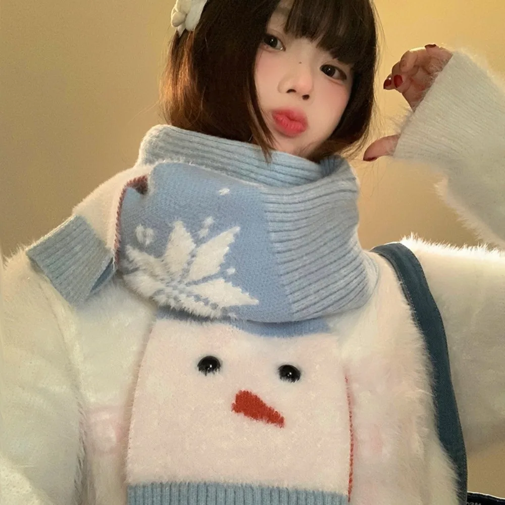 Fashion Snowflake Snowman Pattern Scarf Korean Style Lightweight Cashmere Blend Scarf Blue Warm Knitted Shawl Gift