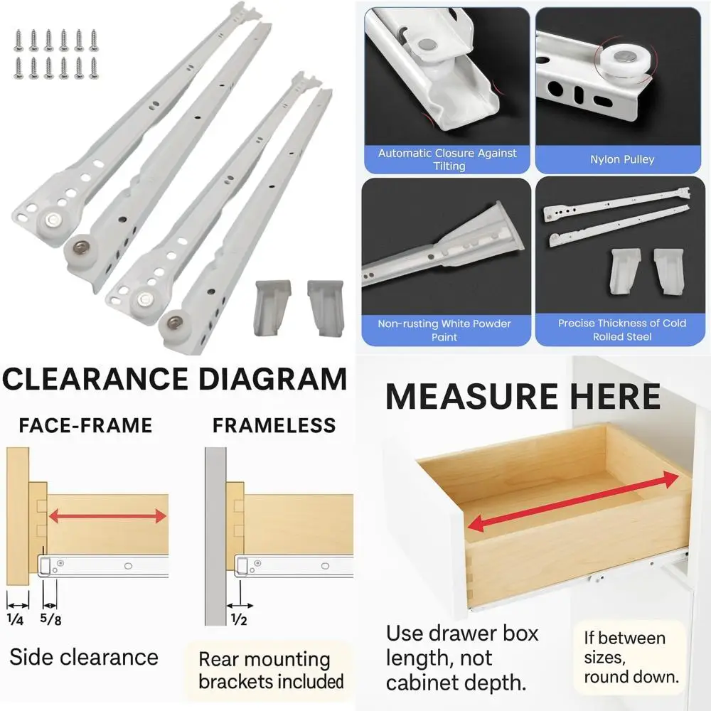 

Face-Frame and Frameless Cabinet Slides, 22 Inch Euro Style, 10-Pack, 75lbs Capacity, Cold Rolled Steel, Powder Coated