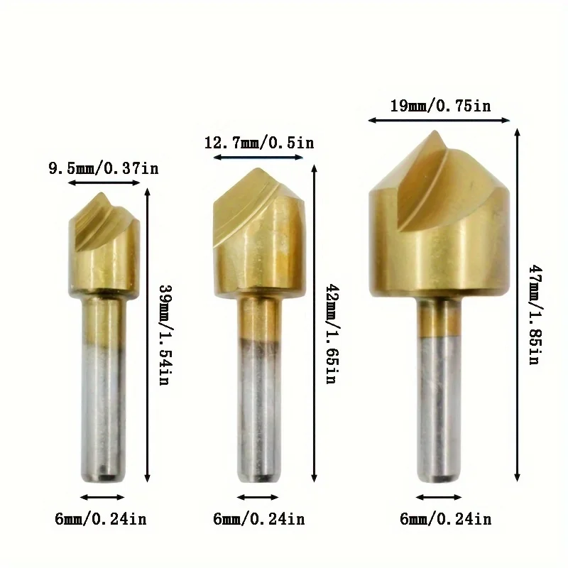 3Pcs Round Handle Single-edge 90° Titanium Plated Woodworking Plate Chamfering Bit With Countersunk Head