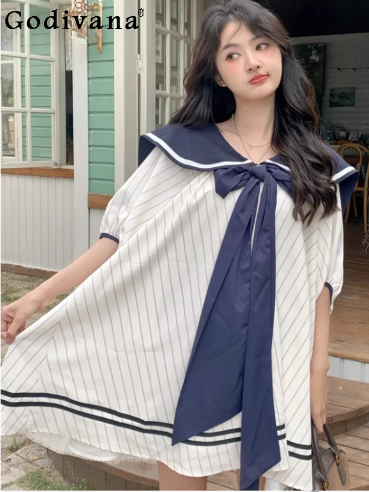 

Women Summer Large Size Sweet Bow Age Reduction Navy Collar Dress High Waist Fashion Short Sleeve Japanese Loose Shirt Dresses