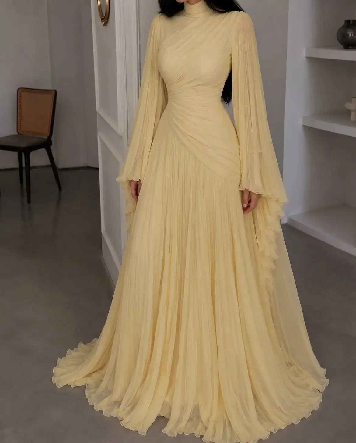 Embroidery Yellow Dress - Vestidos de Noite Amarelos Modestos, Vestidos