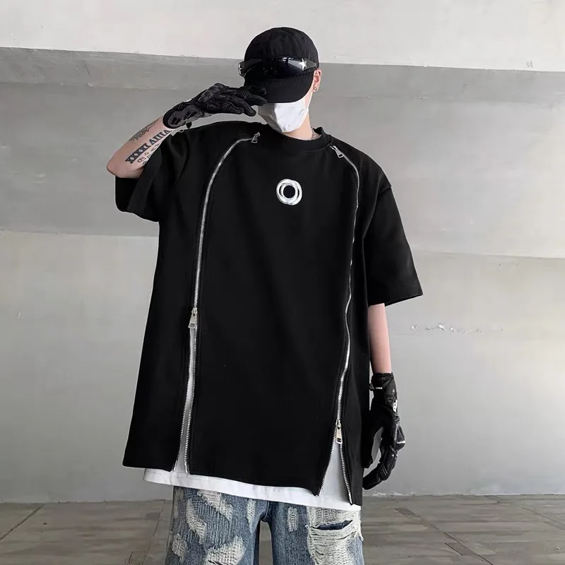 Male Zipper High Street Top Shirt Tee Men Sexy Handsome Trendy Ins Chic Y2K Punk Hippie Nightclub Gothic Festival Party Pullover
