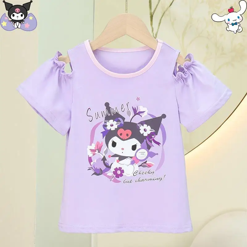 

Футболка Kuromi для девочек с героями мультфильмов аниме Sanrio, летняя кавайная новая модная детская футболка с короткими рукавами Cinnamoroll, приятные для кожи мягкие удобные топы