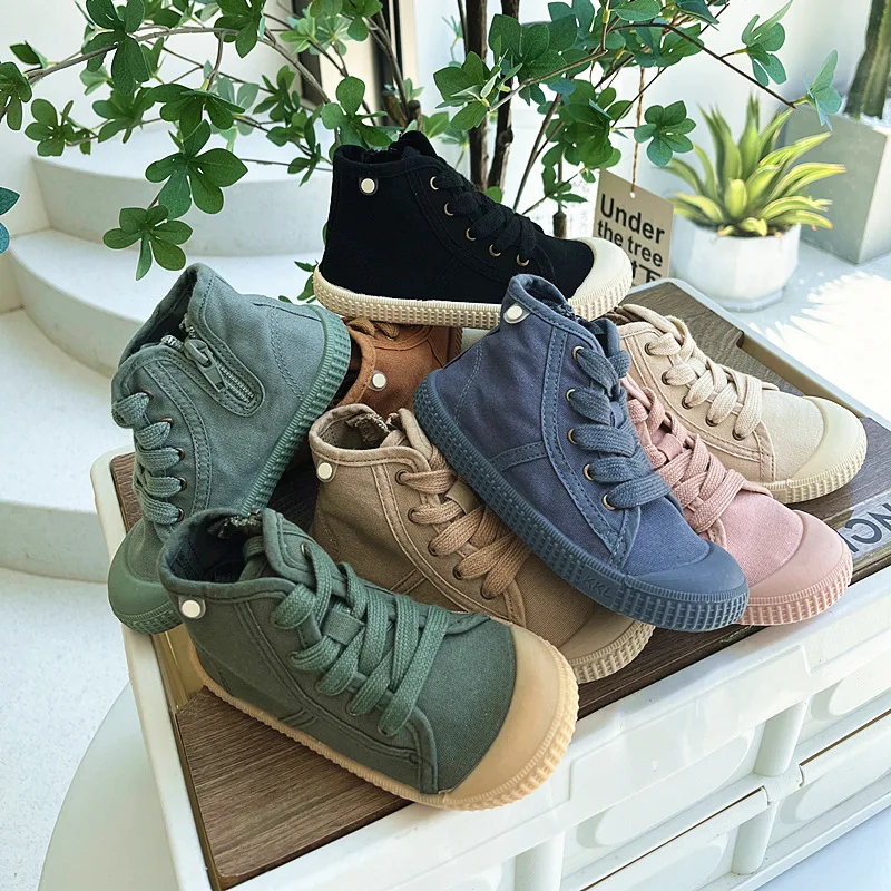 New Spring Children High-top Canvas Shoes Girls Retro Washed Color Board Sneakers Boys Casual Shoes Baby Soft Canvas Shoes