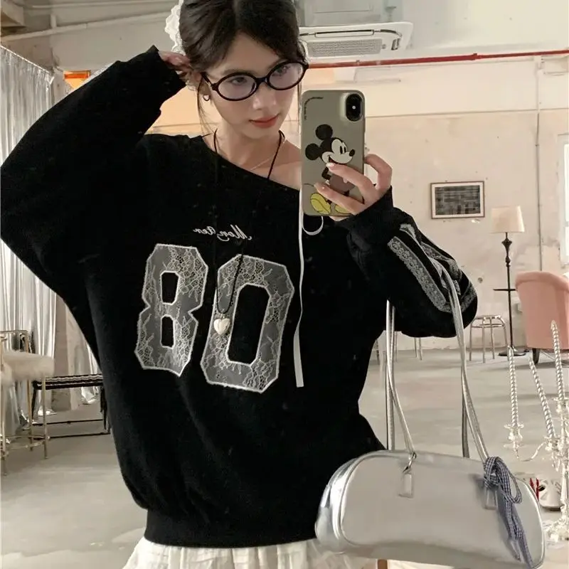 2024 Autumn American Retro Loose Slimming Skew Neck Heavy Embroidery Lace Jersey Sweatshirt Women