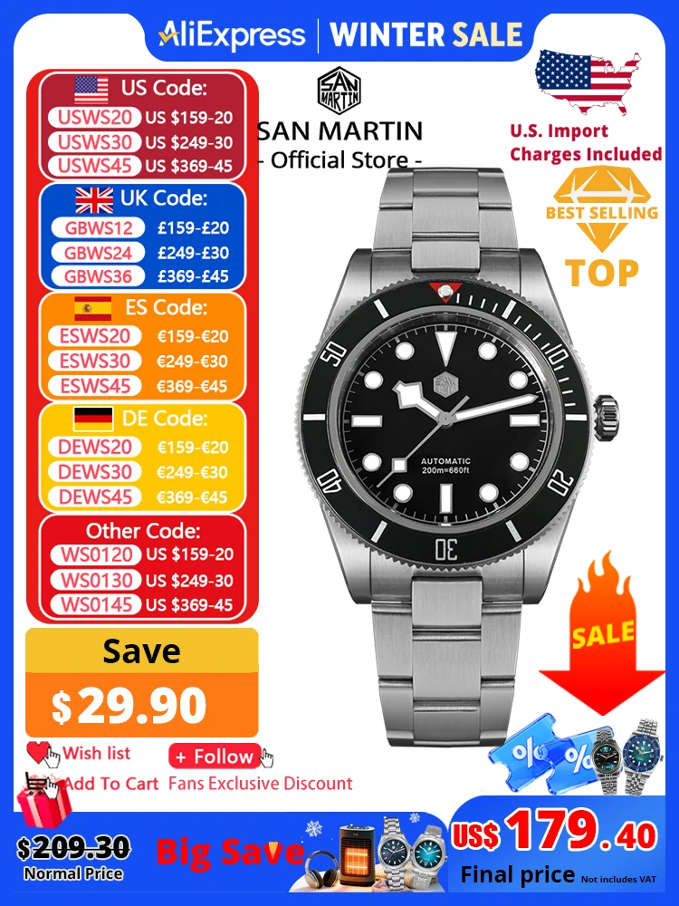 

San Martin Upgraded BB58 40mm Retro Luxury Men Diver Watch NH35 Automatic Mechanical Sapphire 200m Waterproof Reloj SN0008D