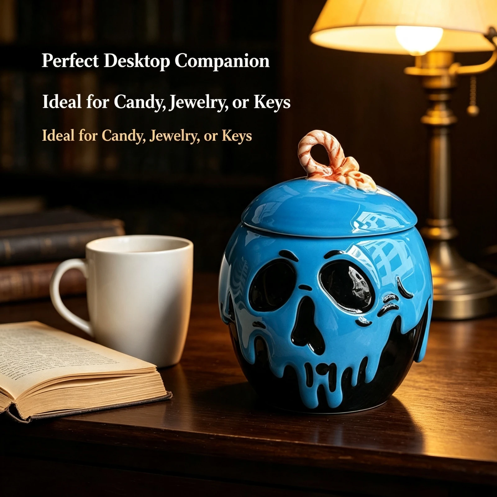 Blue Ceramic Skull Mug With Lid, Poisoned Apple Handle Gothic Halloween Witches Coffee Cup Home Party Decoration Funny Gift