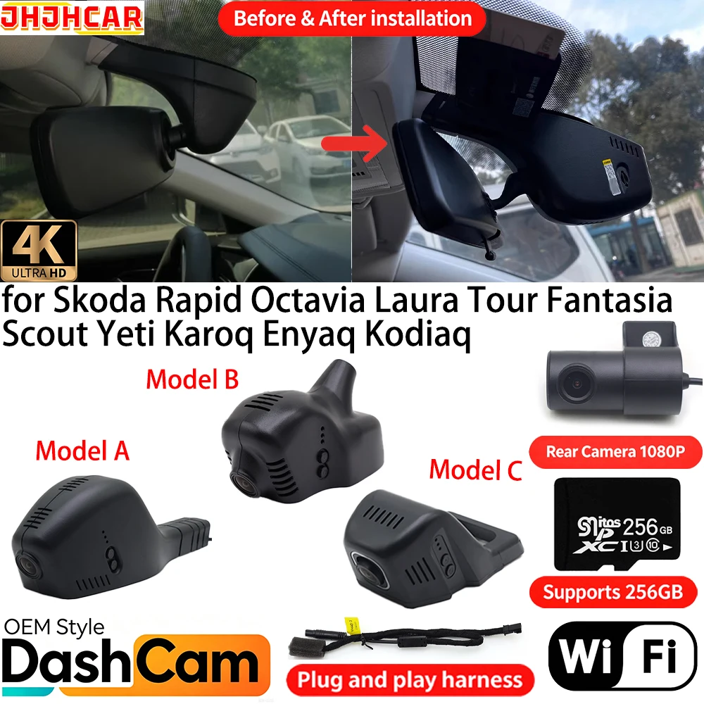for Skoda Rapid Octavia Laura Tour Fantasia Scout Yeti Karoq Enyaq Kodiaq Wifi DVR 4K Dash Cam Front Rear Camera Video Recorder