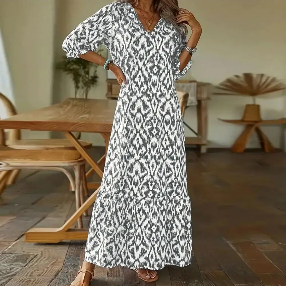 Women V-neck Dress V Neck Maxi Dress Stylish Women's V-neck Maxi Dress Colorful Print Patchwork Loose Fit Ankle For Spring