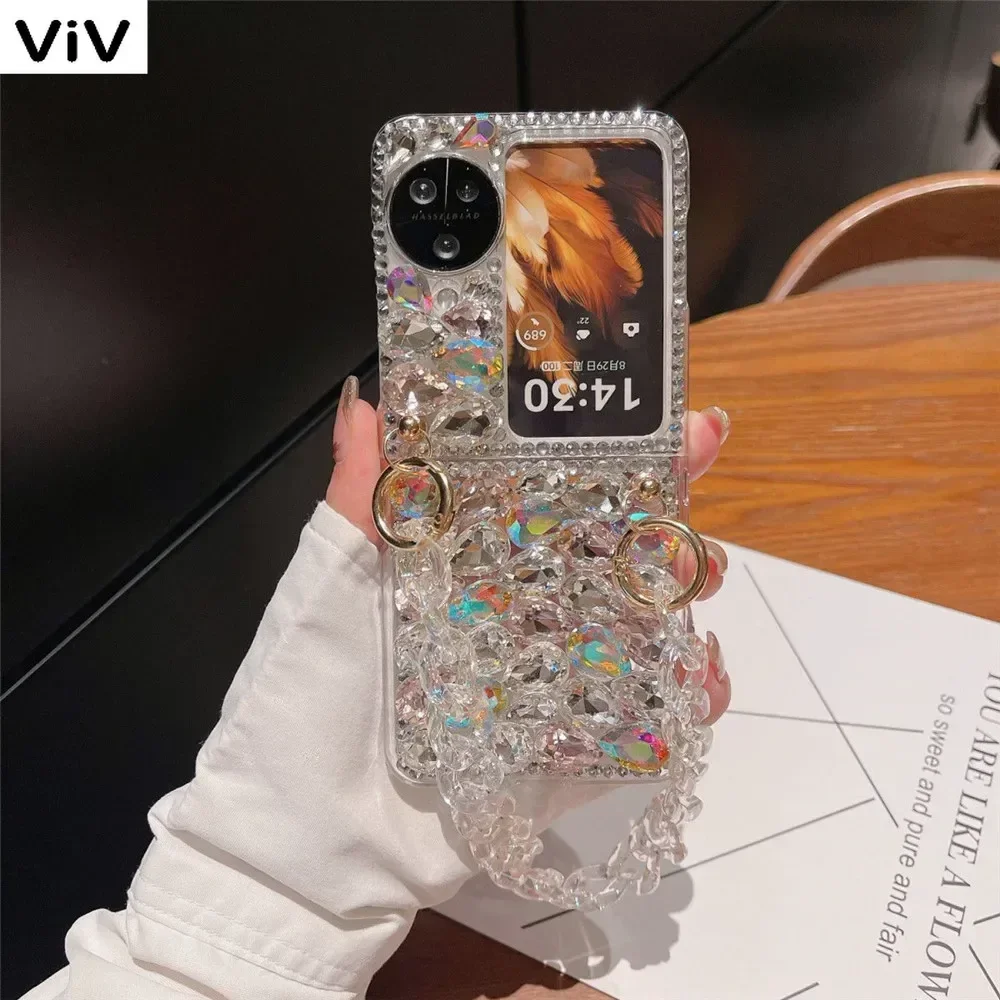 Shockproof Rhinestone Wrist Strap Phone Case, Fits OPPO Find N2, Flip, N3Flip, N3, 5G Telefon, Fashion