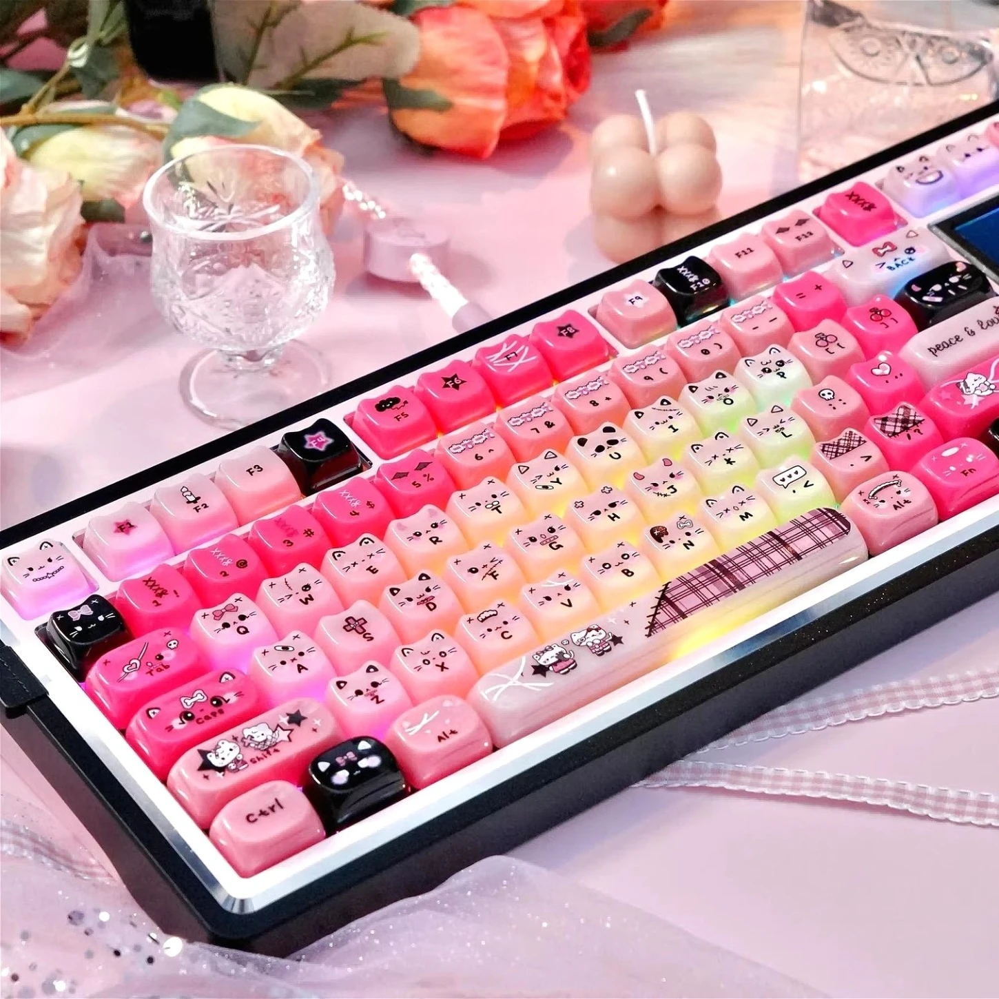 

Розово-черные полупрозрачные кейкапы с милым котом, профиль MAO, 142 клавиши, для механических клавиатур с переключателями MX