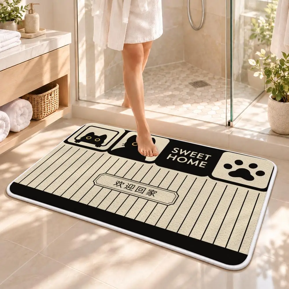 Black Cat Home Floor Mat Flannel Rug Soft Non Slip Washable Door Mat for Bedroom Living Room Home Decor