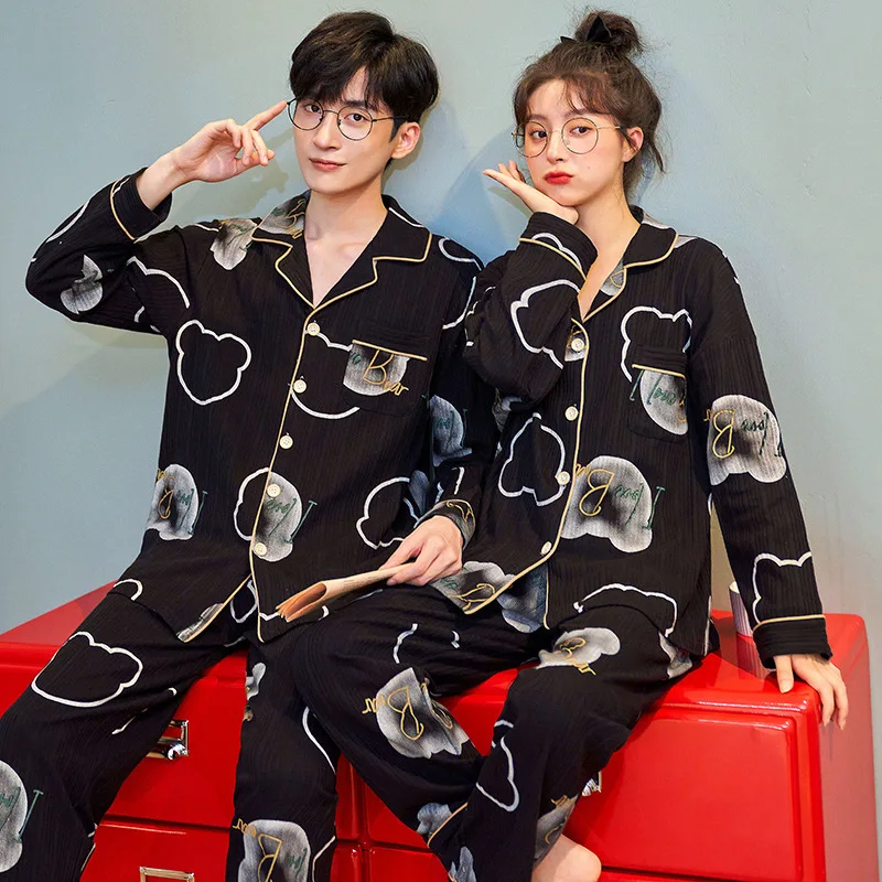 

Cotton Sleepwear Autumn Pajama Sets Couple Long Button-Down Pyjamas Home Suit Pijama Women Men Loungewear Plus Size Pjs Mujer