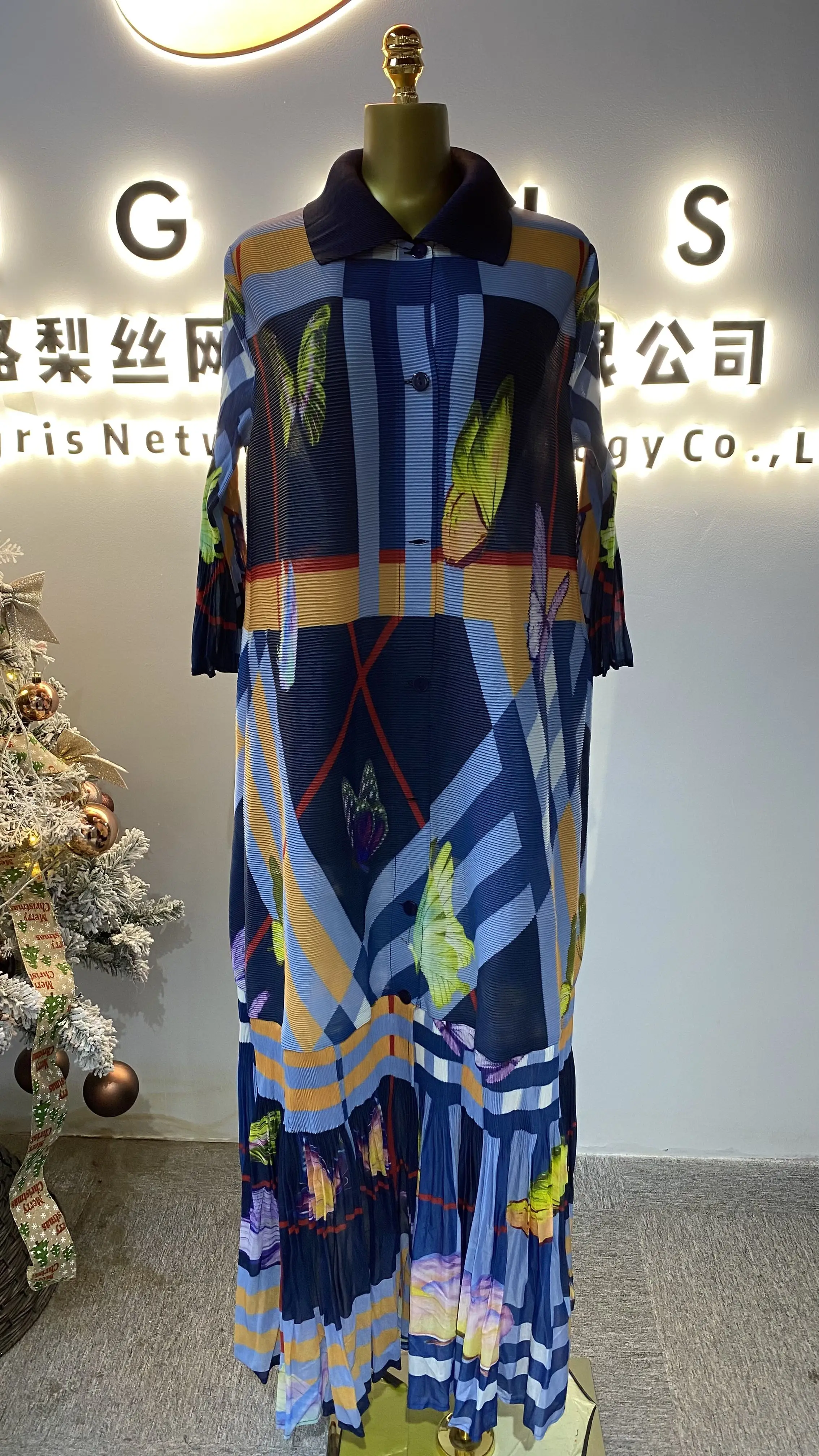

Casual Muslim Color Block Print Single Breasted Design Floor Length Pleated Plus Size Women's Dress-GZMM475