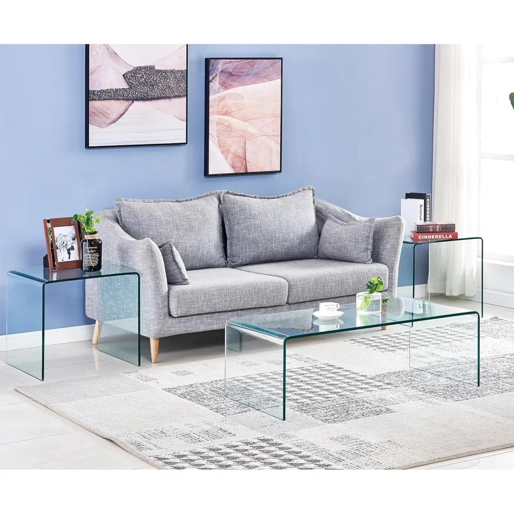 طاولة قهوة زجاجية، طاولة قهوة شفافة حديثة لغرفة المعيشة، طاولات نهاية أريكة شلال صغيرة مستطيلة من الزجاج المقسى 39.4 بوصة × #6