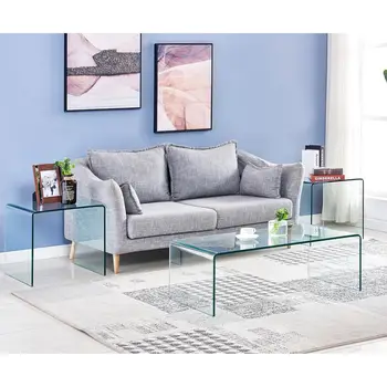 Skleněný konferenční stolek, moderní průhledný konferenční stolek do obývacího pokoje, malý obdélníkový tvrzený skleněný vodopádový koncový stolek k pohovkě, 99,4 cm x 94 cm 8 nejlepší prodej stoly z tvrzeného skla - №1