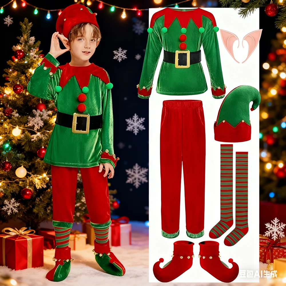 2026 New Christmas Teen Girls Dress Santa Claus Coat+Hat+Socks+Shoe 4Pcs Suit For 4-12Year Boys Christmas Carnival Party Costume