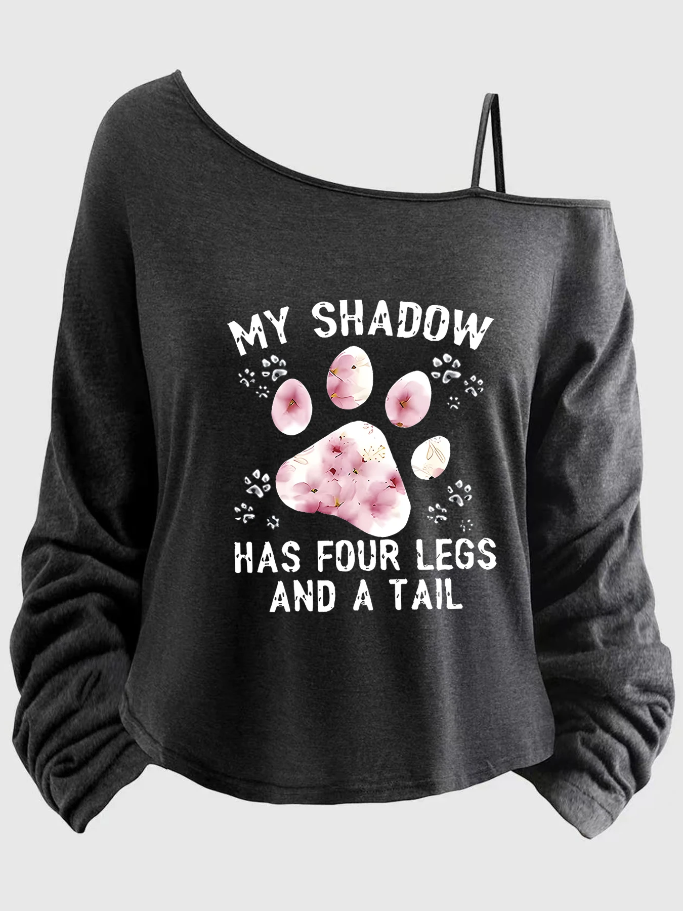 

Large-sized women’s top with printed sleeves, spaghetti straps, asymmetrical neckline, 1-8XL, letters (XT).