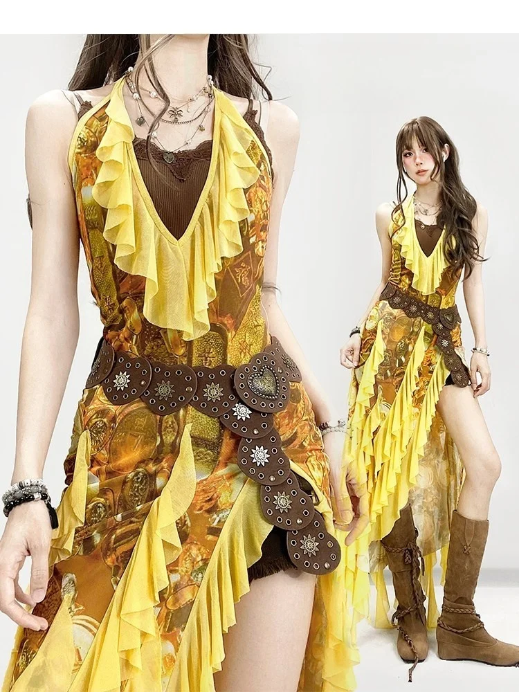 Ethnic-style irregular halter top fake dress with slit ruffles