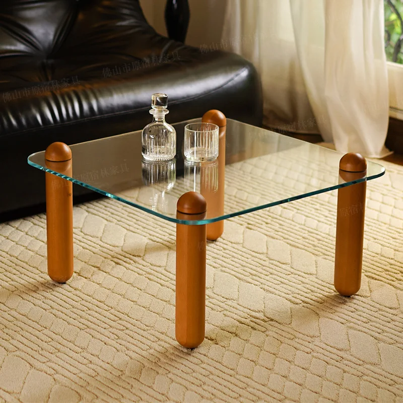 

Retro solid wood coffee table, living room household square tempered glass design, small table, simple and modern small
